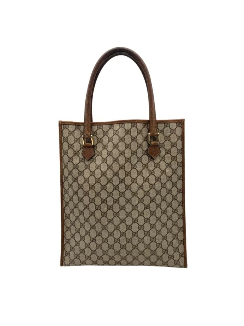 Gucci Tote Handle Vintage GG Plus Leather Gray Brown Gold Simple Business Daily